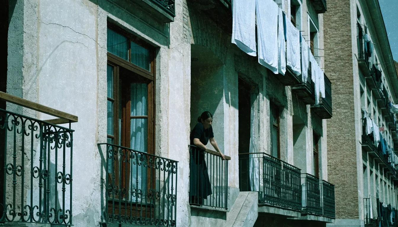 Fachada de un bloque de viviendas español al mediodía con balcones y ropa tendida