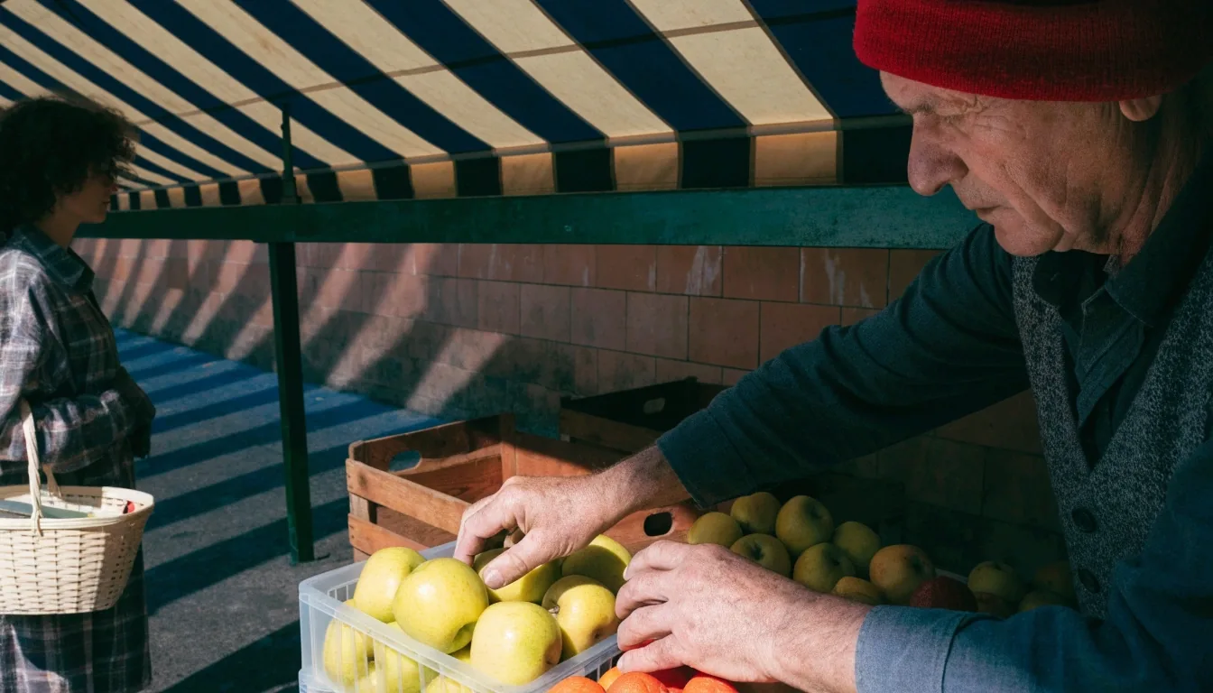 Mercado de calle español por la mañana con cajas de producto y sombras duras de los toldos