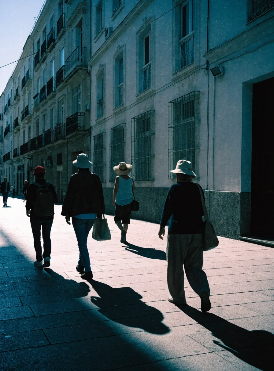 Peatones de distintas edades caminando por una acera española bajo el sol del mediodía