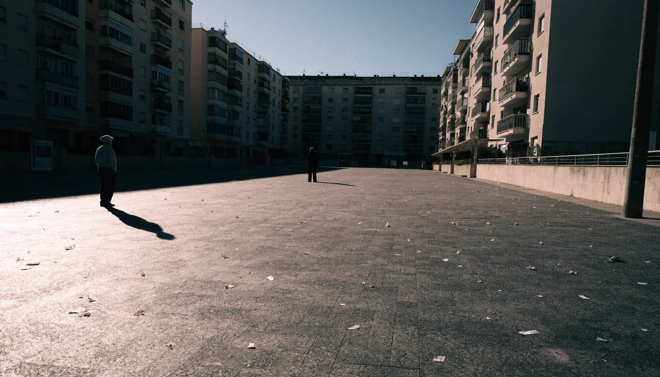 Plaza residencial española al mediodía con dos personas mayores a distancia y una sombra alargada