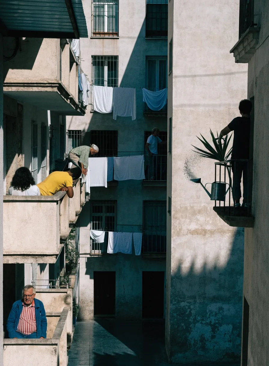 Fachada de un bloque de viviendas español a mediodía con balcones y ropa tendida