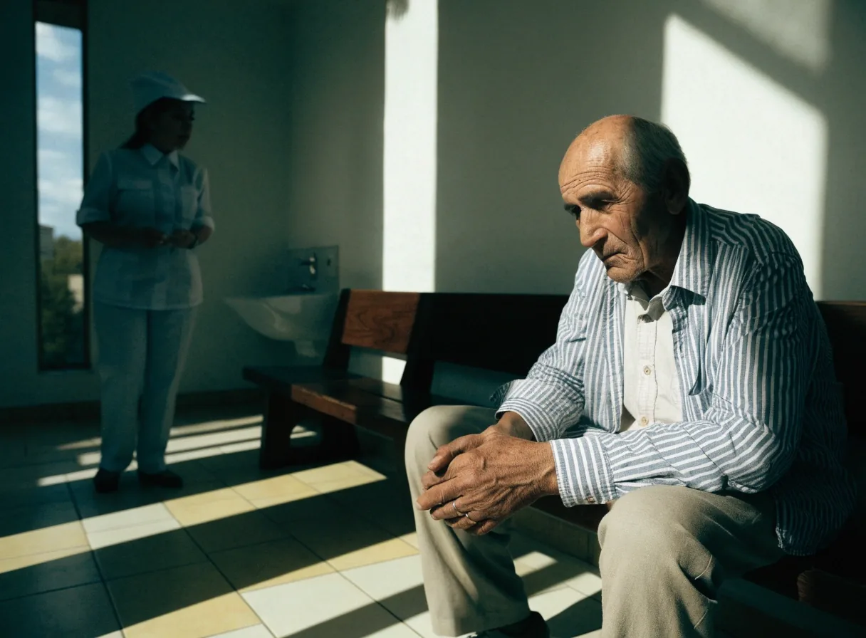Pasillo de un centro sanitario español a mediodía, con sombras paralelas sobre el suelo