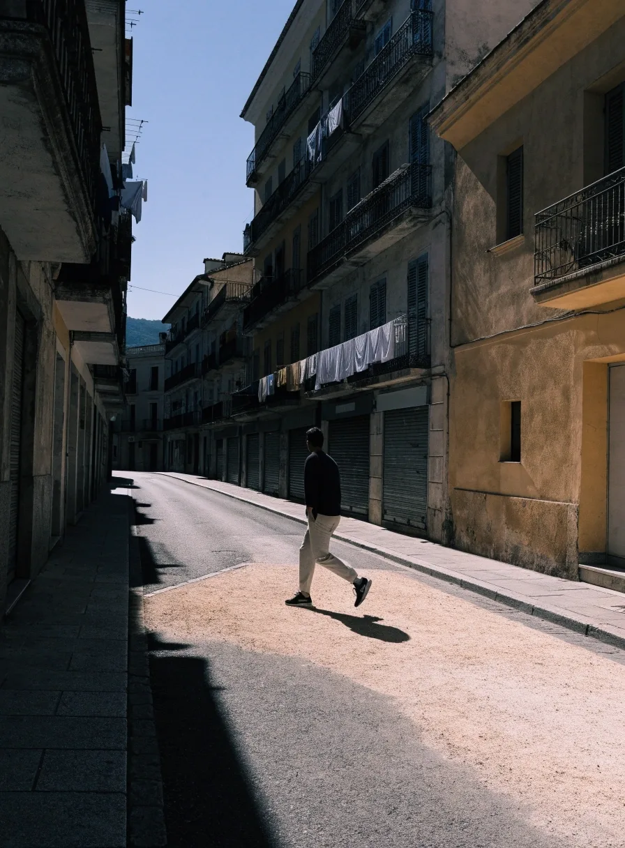 Calle residencial española vacía a mediodía con sombra marcada sobre el asfalto